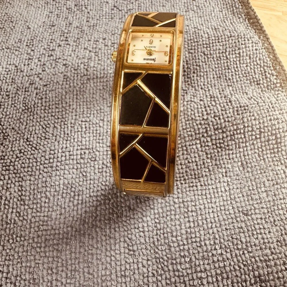Vintage Femme Gold Tone Quartz Bangle Watch Black Geometric Art Deco Women’s